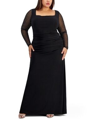 Plus Size Evening Gown. Elegant Black Long-Sleeve with Sheer Embellished Sleeves